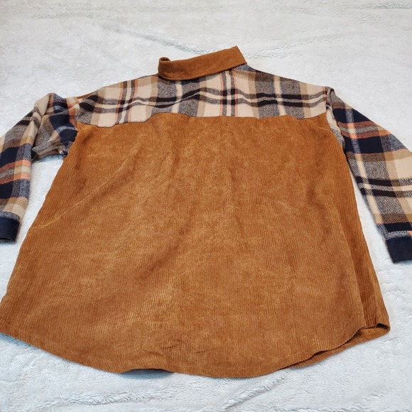 Prissy Jane Tan Corduroy Flannel Plaid Fall Cozy Casual Long Top Shacket XL - Picture 3 of 7